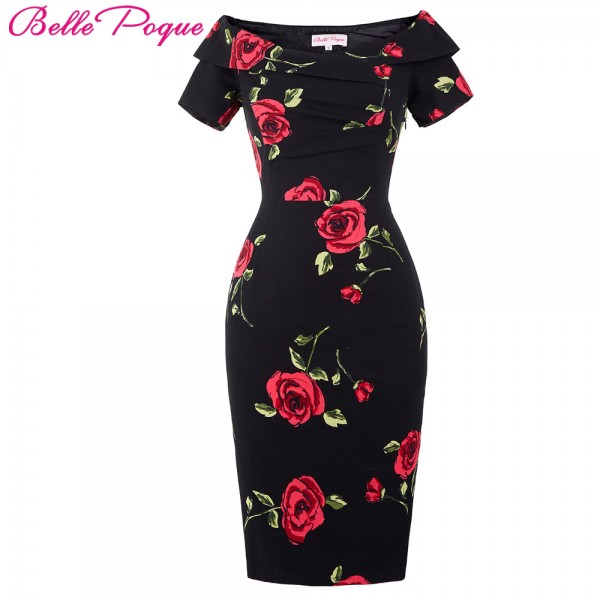 Women Summer Dress Vestidos Sexy Off The Shoulder Rose Print Bodycon Slim Pencil Dress Plus Size Rockabilly 50s Vintage Dresses