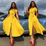 Women Summer Sexy Dress Yellow Cotton Ukraine Vestidos with Button Short Sleeve Split Bottom Casual Vintage Boho Long Dresses