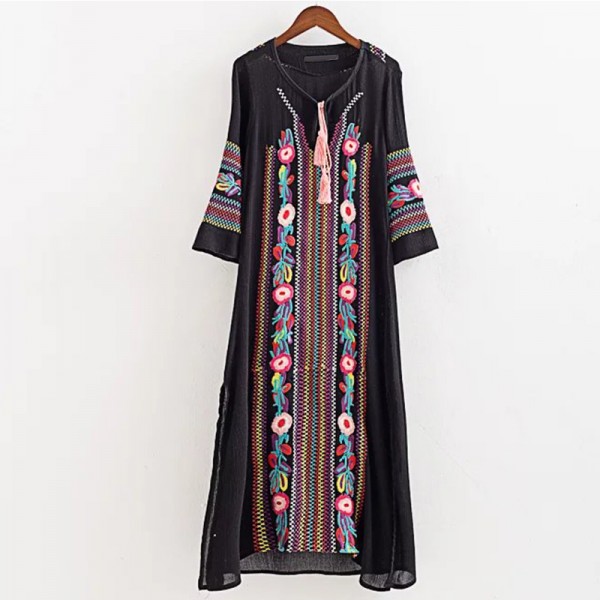 Women Vintage Floral Embroidery Ethenic Dresses vestido Round Neck Long Sleeve Casual Long Maxi Dress  jurk robe longue NRY8937