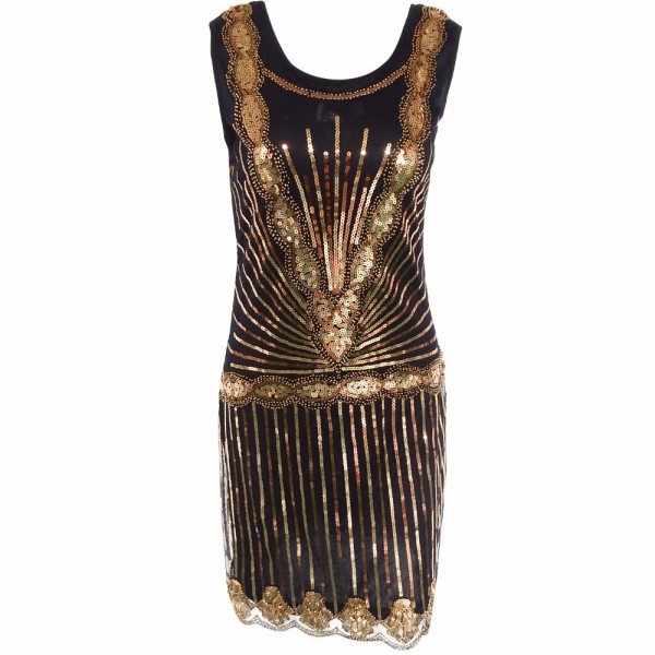 Women Vintage Inspired Shining Black Gold 1920s Beading Sequin Art Deco Gatsby Flapper Dress Sleeveless Holiday Party Dress 