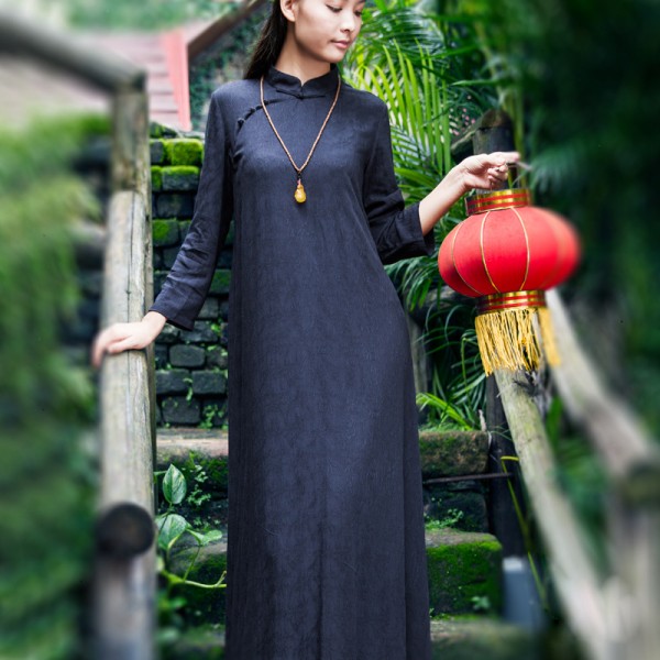 Women Vintage Maxi Dress Cheongsam 2018 Fall Winter New Jacquard Long Sleeve Stand Collar Loose Cotton Linen Long Pullover Dress