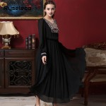 Women Vintage Muslim Maxi Dress Female 2017 Spring Retro Sexy High Split Ethnic Aztec Embroidery Long Sleeve Full Length Dresses