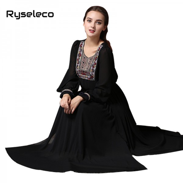 Women Vintage Muslim Maxi Dress Female 2017 Spring Retro Sexy High Split Ethnic Aztec Embroidery Long Sleeve Full Length Dresses