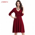 Women Vintage Summer Dresses Long Sleeve V Neck A Line Office Dresses 2017 OL Work Elegant Ruffles Elastic Cloth Party Cocktail