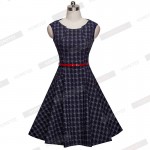 Women Vintage Tank Sleeveless Classic Plaid Swing A-line Dark Blue Dresses Elegant Casual Summer Holiday Dress A011