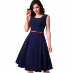 Women Vintage Tank Sleeveless Classic Plaid Swing A-line Dark Blue Dresses Elegant Casual Summer Holiday Dress A011