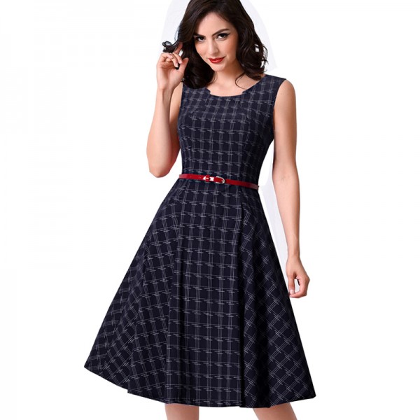 Women Vintage Tank Sleeveless Classic Plaid Swing A-line Dark Blue Dresses Elegant Casual Summer Holiday Dress A011