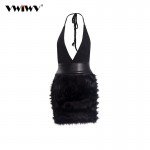 Women Winter Dress 2018 Ladies Sexy Deep V Neck Bodycon Faux Fur Trim Backless Mini Black Elegant Dress For Club Women