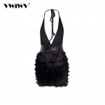 Women Winter Dress 2018 Ladies Sexy Deep V Neck Bodycon Faux Fur Trim Backless Mini Black Elegant Dress For Club Women