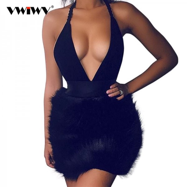 Women Winter Dress 2018 Ladies Sexy Deep V Neck Bodycon Faux Fur Trim Backless Mini Black Elegant Dress For Club Women