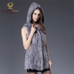 Women Winter Genuine Rabbit Fur Vest with Hooded Silm Solid Rabbit Fur Waistcoats Lady 100% Natural Real Fur Long Jacket Coat