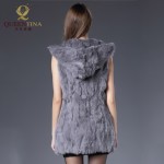 Women Winter Genuine Rabbit Fur Vest with Hooded Silm Solid Rabbit Fur Waistcoats Lady 100% Natural Real Fur Long Jacket Coat