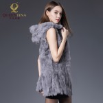 Women Winter Genuine Rabbit Fur Vest with Hooded Silm Solid Rabbit Fur Waistcoats Lady 100% Natural Real Fur Long Jacket Coat