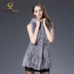 Women Winter Genuine Rabbit Fur Vest with Hooded Silm Solid Rabbit Fur Waistcoats Lady 100% Natural Real Fur Long Jacket Coat