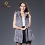 Women Winter Genuine Rabbit Fur Vest with Hooded Silm Solid Rabbit Fur Waistcoats Lady 100% Natural Real Fur Long Jacket Coat