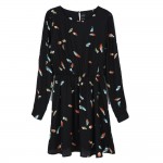 Women color feather print dress summer vintage black chiffon mini A line dress O neck long sleeve casual  Vestido feminina QZ737