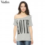 Women cute LOVE letters print T shirt short sleeve off shoulder shirts camisas femininas casual solid plus size tops DT382