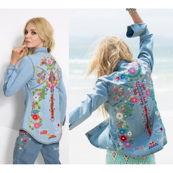 Women embroidery hippie style denim shirts floral boho jackets fashion denim jacket vintage bohe hippie chic long sleeve jacket