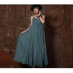 Women fashion solid colors cotton linen Bohemian beach long dress sleeveless spaghetti strap big swing maxi dress 851276