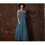 Women fashion solid colors cotton linen Bohemian beach long dress sleeveless spaghetti strap big swing maxi dress 851276