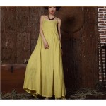 Women fashion solid colors cotton linen Bohemian beach long dress sleeveless spaghetti strap big swing maxi dress 851276