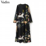 Women flower crane print maxi wrap dress long sleeve vintage bird pattern long loose dresses Vestidos QZ2761