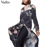 Women flower crane print maxi wrap dress long sleeve vintage bird pattern long loose dresses Vestidos QZ2761