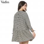 Women oversized pleated plaid dress ruffles checkered long bow tie sleeve loose back buttons thick warm casual vestidos QZ2726