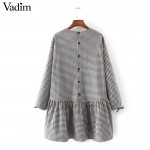 Women oversized pleated plaid dress ruffles checkered long bow tie sleeve loose back buttons thick warm casual vestidos QZ2726