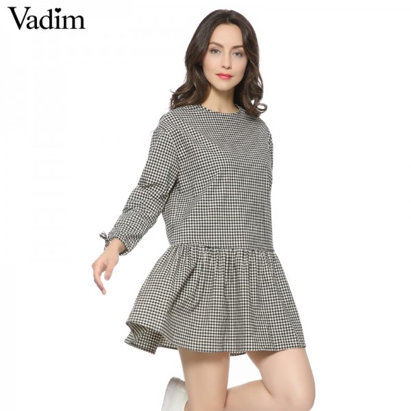 Women oversized pleated plaid dress ruffles checkered long bow tie sleeve loose back buttons thick warm casual vestidos QZ2726