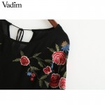 Women vintage flower embroidery black dress o neck with tie pleated mujer Faldas summer beach casual dresses QZ2859