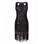 Women's 1920s Sequin Paisley Pattern Racer Back Flapper Black Gold Dress Sexy Fringe Great Gatsby Party Dress Vestidos De Fiesta