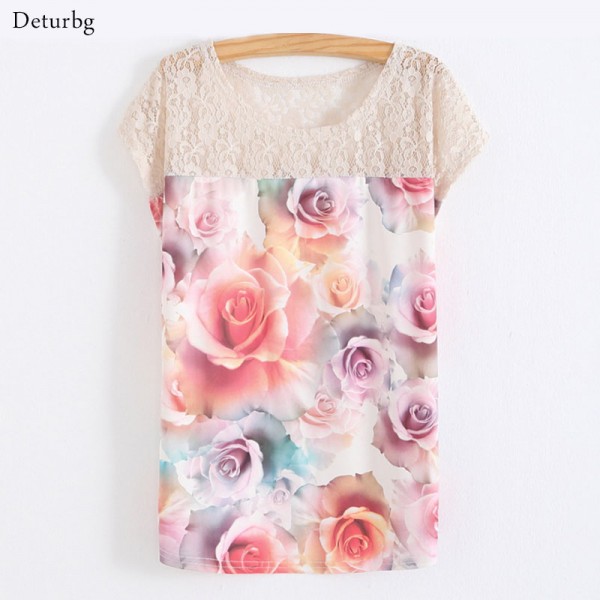 Women's 3D Floral Printed T-Shirt T Shirts 2016 Summer Batwing Sleeve Casual Cotton Blends Lace Patchwork Plus Size Tops SH140