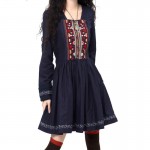 Women's autumn winter loose Mexico design ethnic embroidery square neck pleated cotton linen long sleeve dress vestidos LA10045Q