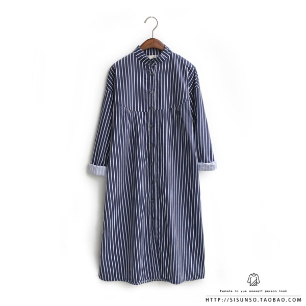 Women's spring stripe medium-long brief loose shirt three long sleeve  one-piece dress shirt  dress cotton shirt