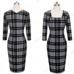 Womens Business Casual Work Party Bodycon Pencil Dress Square Collar Three Quarter Sleeve Elegant Vintage Plaid Dress B249