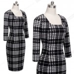 Womens Business Casual Work Party Bodycon Pencil Dress Square Collar Three Quarter Sleeve Elegant Vintage Plaid Dress B249