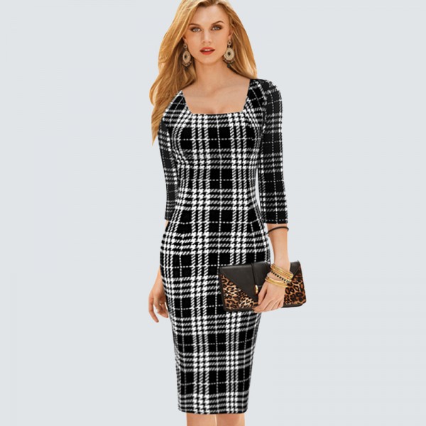 Womens Business Casual Work Party Bodycon Pencil Dress Square Collar Three Quarter Sleeve Elegant Vintage Plaid Dress B249