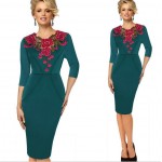 Womens Crochet Bodycon Female Stylish Elegant Applique embroidery 3/4 Sleeve Sheath V-neck Work Office Party Dress