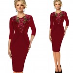 Womens Crochet Bodycon Female Stylish Elegant Applique embroidery 3/4 Sleeve Sheath V-neck Work Office Party Dress