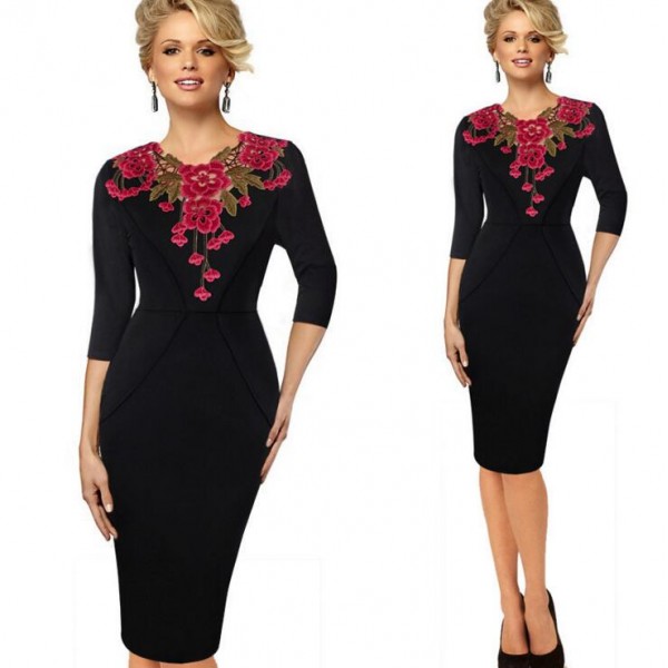 Womens Crochet Bodycon Female Stylish Elegant Applique embroidery 3/4 Sleeve Sheath V-neck Work Office Party Dress