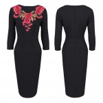 Womens Crochet Bodycon Female Stylish Elegant Applique embroidery 3/4 Sleeve Sheath V-neck Work Office Party Dress