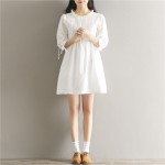 Womens Dresses Spring Cotton Women White Lace Dress Stand Collar Half Sleeve Lolita Dress Size S-XL