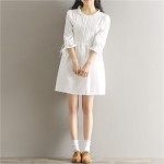 Womens Dresses Spring Cotton Women White Lace Dress Stand Collar Half Sleeve Lolita Dress Size S-XL