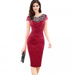 Womens Elegant Flower Floral Print Hollow Out Embroidered Ruched Pencil Bodycon Special Occasion Evening Party Sheath Dress