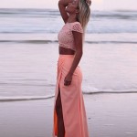 Womens Elegant Lace Crochet Front Splits 2 Piece Set Club Dress 2017 Ladies Sexy Short Sleeve Pink Bodycon Beach Dresses NTDR11