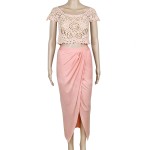 Womens Elegant Lace Crochet Front Splits 2 Piece Set Club Dress 2017 Ladies Sexy Short Sleeve Pink Bodycon Beach Dresses NTDR11