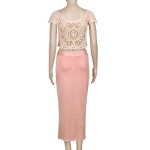 Womens Elegant Lace Crochet Front Splits 2 Piece Set Club Dress 2017 Ladies Sexy Short Sleeve Pink Bodycon Beach Dresses NTDR11