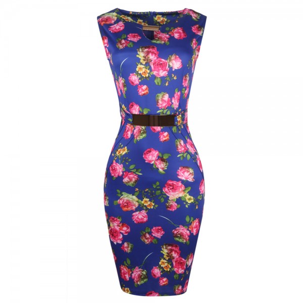 Womens Elegant Vintage Floral Flower Print Metal Buckle Small V-neck Pinup Casual Party Casual Work Pencil Sheath Dress