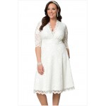 Womens Lace Dress Plus Size 2017 Sexy V Neck 3/4 Sleeve Scalloped Trim Lace Midi Vintage Dress LC61324 Vestido Retro Femininas